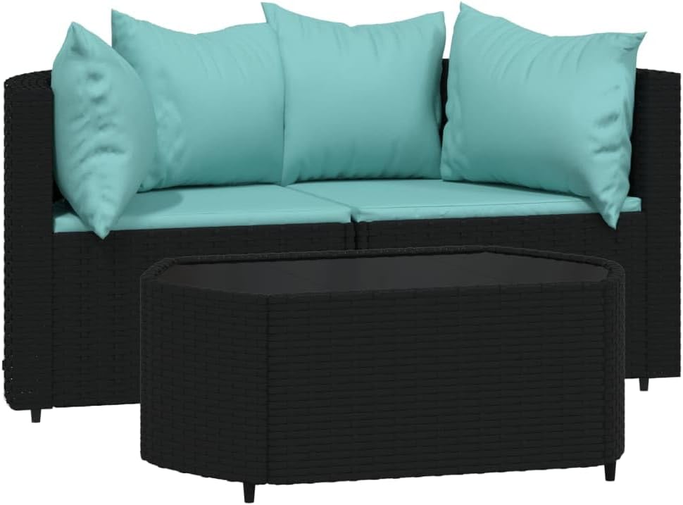 3 Piece Patio Lounge Set with Cushions Black Poly Rattan Patio Sofa Outdoor Sofa Balcony Sofa for patios, Decks, Balconies