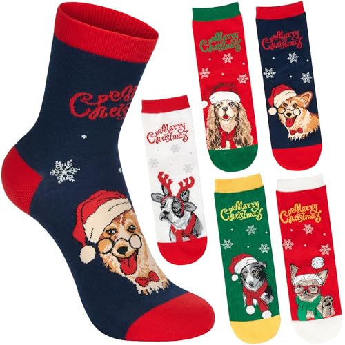 BRUBAKER 5 Paar Hunde Weihnachtssocken für Damen und Herren - Border Collie, Bulldogge, Cocker Spaniel, Corgi & Chihuahua - Lustige Socken Weihnachten - Buntes Sockenset Geschenk - Größe 36-41