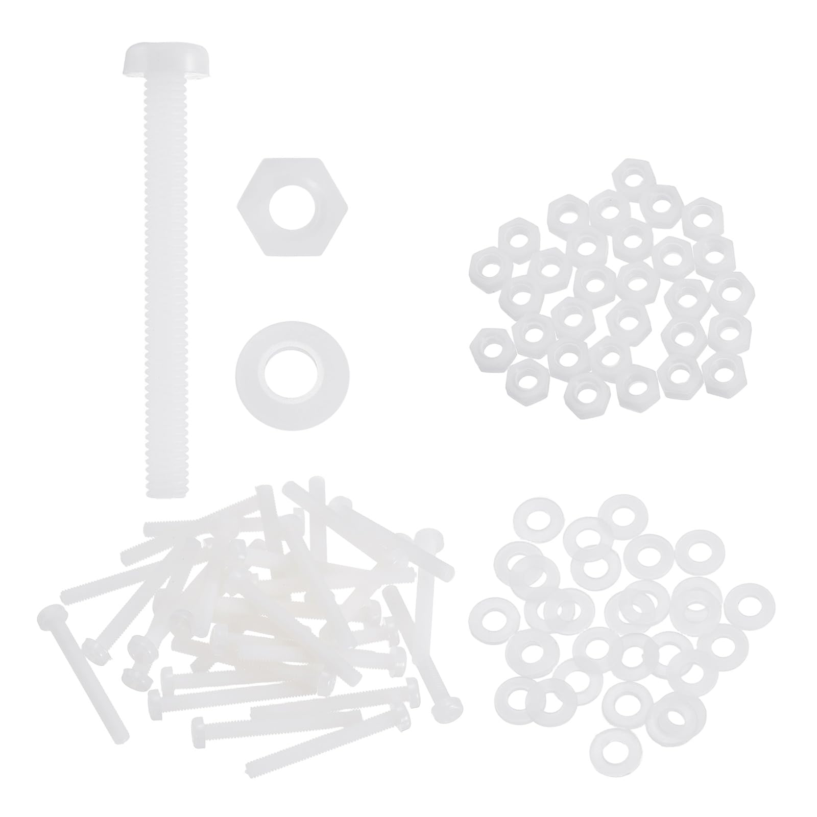sourcing map 30 Set M4x35mm Nylon PA66 Plastic Cross Round Head Screw Phillips Bolts Hex Nuts Flat Washers Assortment Kit, Metric Full Thread Bolt Fasteners for DIY Machine Assembly, White