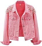 Kedera Damen Bestickte Nieten Perle Kurze Jeansjacke Mantel, Pink, X-Large