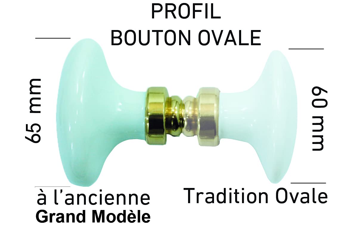 Bouton double GM OVALE de porte intérieure porcelaine de LIMOGES blanc sur laiton poli