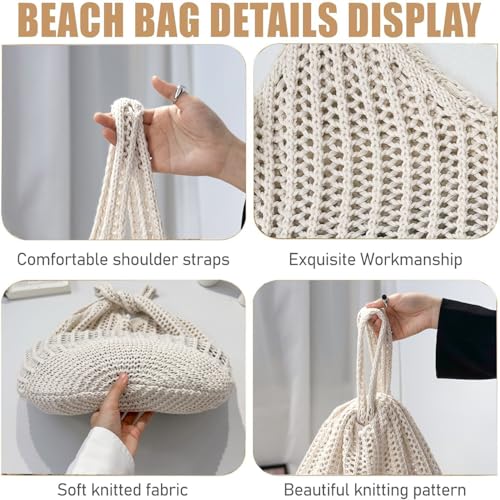 Image of Beach Crochet Tote Bag Mesh Knitted Bag Large Aesthetic Shoulder Bag Handbags Hollow Hobo Bag for Women Summer (Beige)