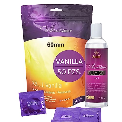 Vibratissimo Condones Xxl Vanilla Paquete De 50 Y Lubricante I Preservativos Premium Con Aroma I Condones Vainilla Con Grosor De Pared Fino Y Aromatizados I Condones Sensitivos Ultrafinos I B 60mm