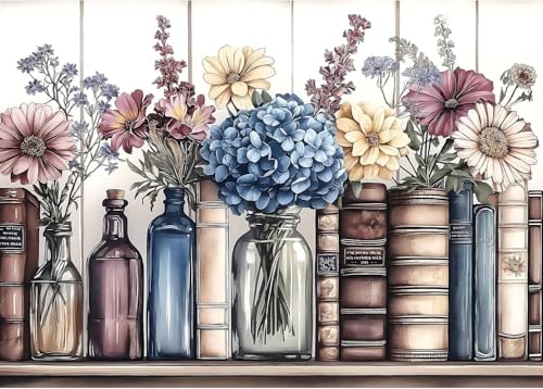 Image of Stamping Cross Stitch Kit Books Flowers, Counting Cross Stitch Kit for Adult Beginners, with Glass Bottles Full Line DIY Cross Stitch Stitching Kit for Home Decor Cross Stitch Patterns 15.7x11.8inches
