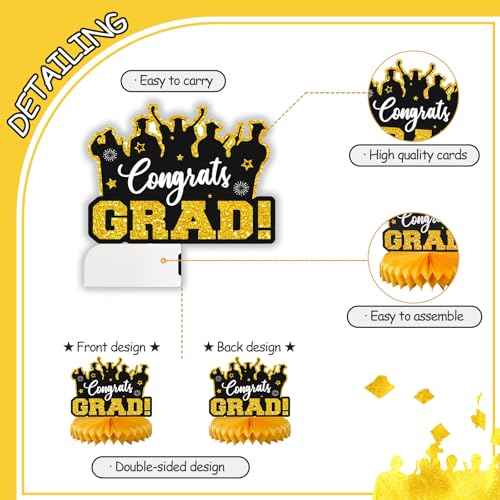 Image of 2026 Graduation Party Decorations - 8 Pcs Black Gold Class of 2026 Graduation Party Decor Honeycomb Centerpieces for Tables Congratulate for 2026 Congrats Grad Party Supplies