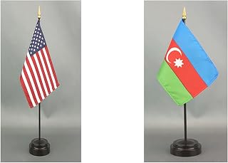 Azerbaijan Desk Flag Set American Made Rayon 4x6 inch Office Desk and Little Hand Waving Table Flags Includes an American and Country Flag with 2 Stands (Azerbaijan)