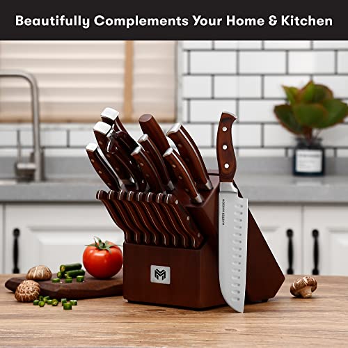 Master Maison 19-Piece Kitchen Knives Set with Block - Stainless Steel Cutlery Set with 8 Inch Chef's Knife, 7 Inch Santoku Knife, Sharpener, Wooden Block - Premium Knives Sets (Walnut)
