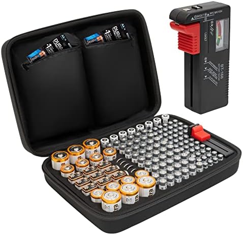 Tanness 140 Battery Case | Battery Holder with Battery Tester | Battery Organiser Storage Case Bag - Large Capacity for AAA, AA,9V, Flat Batteries, C and D Size Battery (Batteries Not Included)
