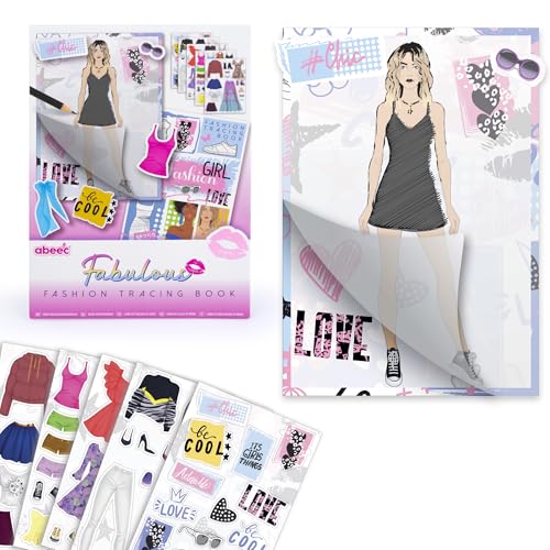 abeec - abeec Livre de traçage de mode pour filles | Concevez et créez des tenues élégantes | Arts et artisanat pour les enfants de 6 à 12 ans | Carnet de croquis de mode à faire soi-même avec autocollants et