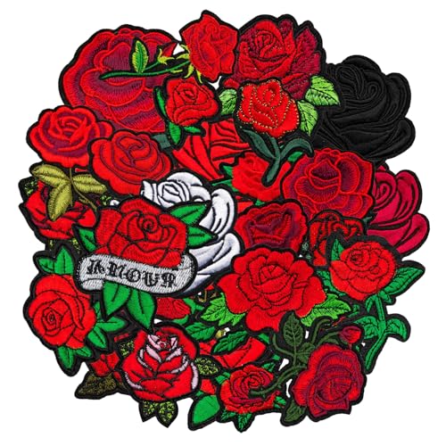 Nicime 56pcs Rose Iron/Sew on Patches, Cute Red Flower Embroidered Applique, Fashion Decoration for Clothes, Hat, Bag, Dress, Shirt, Jeans