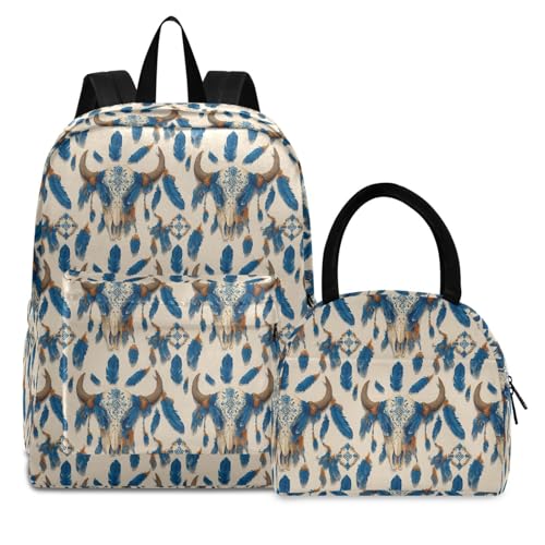 Bison Skulls Print Backpack Set with Lunch Bag, Large Capacity Travel Backpacks and Lunch Box Insulated for Commute Hiking Picnic