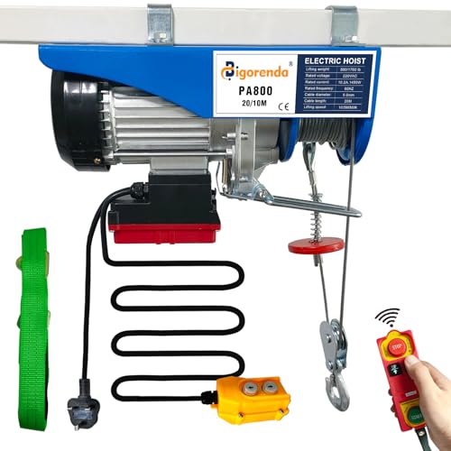 Bigorenda Electric Hoist Lift 800KG,100M Wireless Remote Control/Wired Control 2in1,Winches Electric Hoist 20M/10M Lifting Height,Single/Double Sling,Emergency Stop Switch,for Factory Warehouse Garage