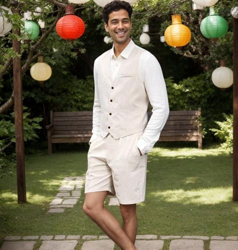 Mens Linen Suit 2 Piece Vest and Shorts Set for Summer Wedding Prom Casual Linen Waistcoat Shorts4