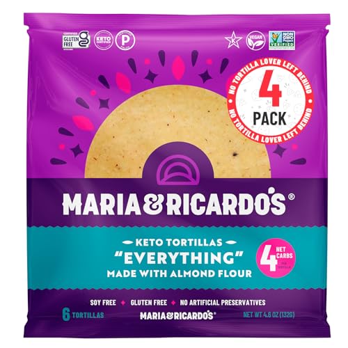 Maria &amp; Ricardo's KETO Tortillas | Almond 'Everything Seasoning' | Low Carb | Grain Free | Paleo | Non GMO | Vegan | Gluten Free | KETO Certified Tortilla Wraps. (4 Pack, 6 Tortillas per Pack) 5.5" aprox