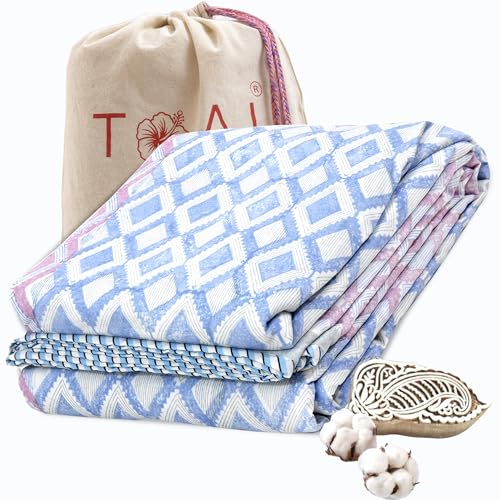 Image of TOAIArt Premium Jaipuri Dohar | AC Blanket Summer Quilt | Hand Block Printed | 3 Layers | Reversible| 150GSM 100% Mulmul Cotton| 100% Cotton Flannel Filling| Single 60 inch X 90 inch|Vintage Geometric Pattern