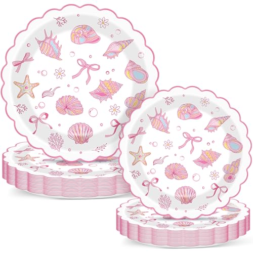 48Pcs Pink Bow Starfish Seashell Party Paper Plates