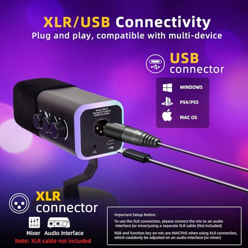 VCOM XLR/USB Gaming Microphone for PC,Dynamic Computer Mic for Streaming Podcasting,RGB Light, Mute Button, Headphones Jack, Desktop Stand, Vocal Mic for Singing YouTube TikTok Streaming — view 5