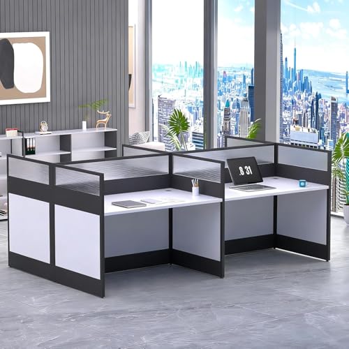 OOFAYBILL 4 Persons Cubicle Desk with Privacy Panels - Shaped Cubicle Desks for Office, Wood and Metal Office Workstations, Cubicles Privacy Business Commercial Workspace