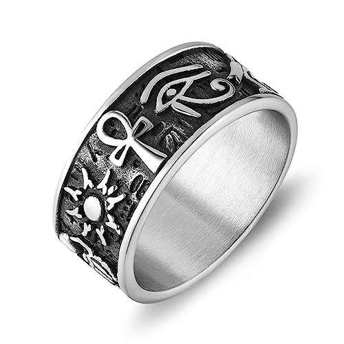 HZMAN Ancient Egyptian Ring Stainless Steel Ankh Cross Eye of Horus Ra Ring Egypt Symbol Rings for Men Women