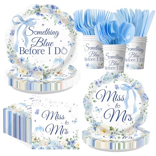Greencian 168 Pcs Something Blue Before I Do Bridal Showe Party Decorations Miss to Mrs Plates Napkins Cups Forks Knives Spoons Floral Tableware Set for Bridal Shower Wedding Party Supplies Serves 24 by Greencian - Used condition - US$10.68