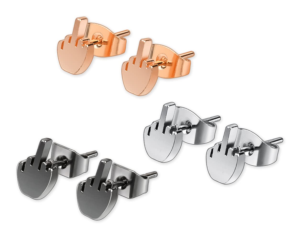Aretes de dedo medio, 3 pares de aretes divertidos para mujer, dorados, plateados y negros para hombre