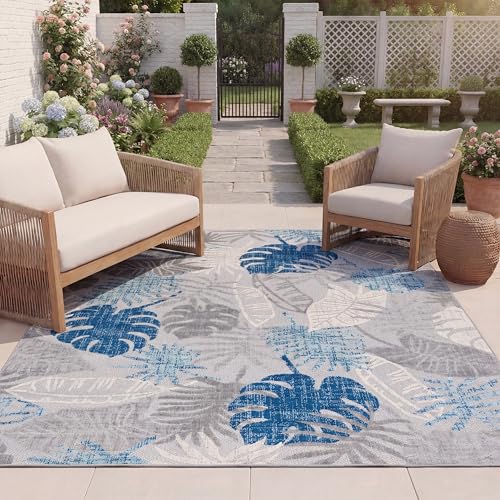 SAFAVIEH Washable Rug Outdoor Cabana Collection - 9' x 12', Grey & Blue, Non-Shedding & Easy to Clean, Ideal for Patio, Backyard, Mudroom (CBN831F)
