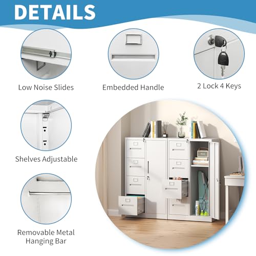 BIZOEIRON 4 Drawer File Cabinet with Lock and 1 Door, Metal Vertical Filing Cabinets for Home Office, Steel Storage Cabinet for Hanging Legal/Letter Size Files, Assembly Required(White)