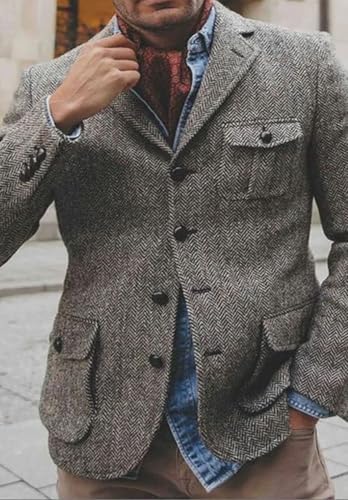 Mens Herringbone Tweed Blazer Business Casual Sport Coat Wool Blend Jacket for Wedding