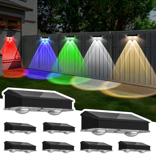 Solar Fence Lights Outdoor 8 Pack, Warm White & Cool White & 6 Colored+RGB Color Changing, High Brightness LED Spot Lens Deck Lights Dusk to Dawn for Backyard Stair Railing Patio Wall, IP65 Waterproof by Lightkeeys - Used condition - US$23.74