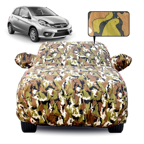 Image of Waterproof Car Body Cover for Honda Brio with Mirror Pocket, Soft Cotton Lining, Triple Stitched, Full Bottom Elastic (Heat Resistant Jungle Print with Red Piping)