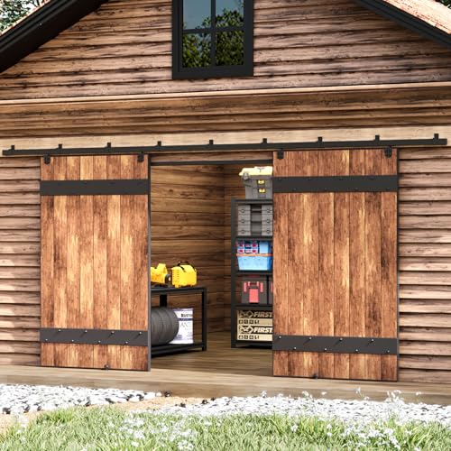 Easelife 16FT Exterior Sliding Barn Door Hardware Kit, Box Rail Track, 450lb Capacity, Black Weather-Resistant Steel, Wall Mount System for Outdoor Use, Fit Double 48in Door