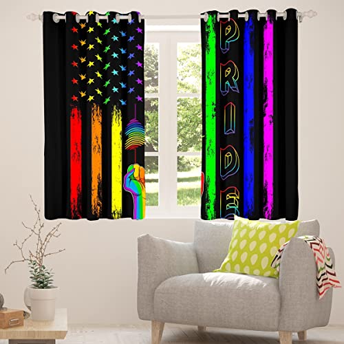 American Flag Window Curtains,Rainbow Stripes Window Treatments Pride Theme Soft Black Watercolor Window Drapes For Kids Teens Adults Room Decor Grommet Top 2 Panel Set Bedroom Curtains,42X90 Inch #TOP3