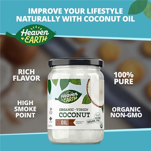 Heaven & Earth USDA Organic Unrefined Virgin Coconut Oil, 16oz | Glass Jar | Cold Pressed | Coconut Oil for Cooking, Hair & Skin | Kosher