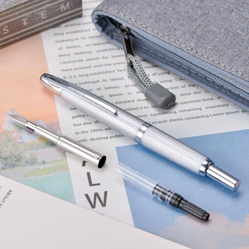 Jinhao Pióro wieczne z serii 10, szczotkowany, matowy chrom, chowana, średnia stalówka, z konwerterem atramentu i metalowym etui (wersja ze srebrnym klipsem)