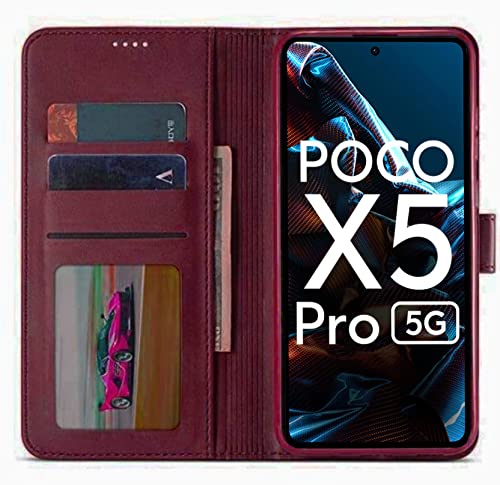 Image of SHINESTAR Poco X5 Pro 5G Flip Back Cover | PU Leather Flip Cover Wallet Case with TPU Silicone Case Back Cover for Poco X5 Pro 5G - Blood Red