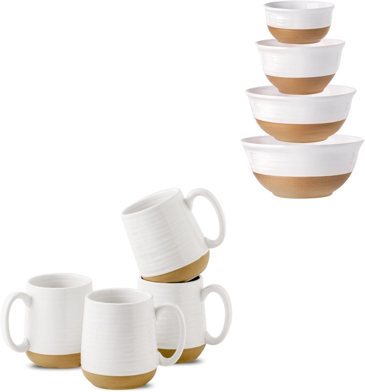 Hasense Ceramic Coffee Mugs and Mixing Bowls Set, White Kitchen Essentials
