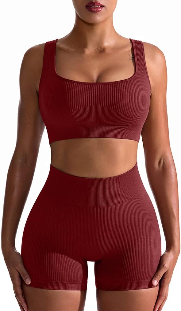 Two-Piece Seamless Ribbed High-Waist Leggings and Sports Bra Exercise Set for Women – OQQ, Wine Red, Large