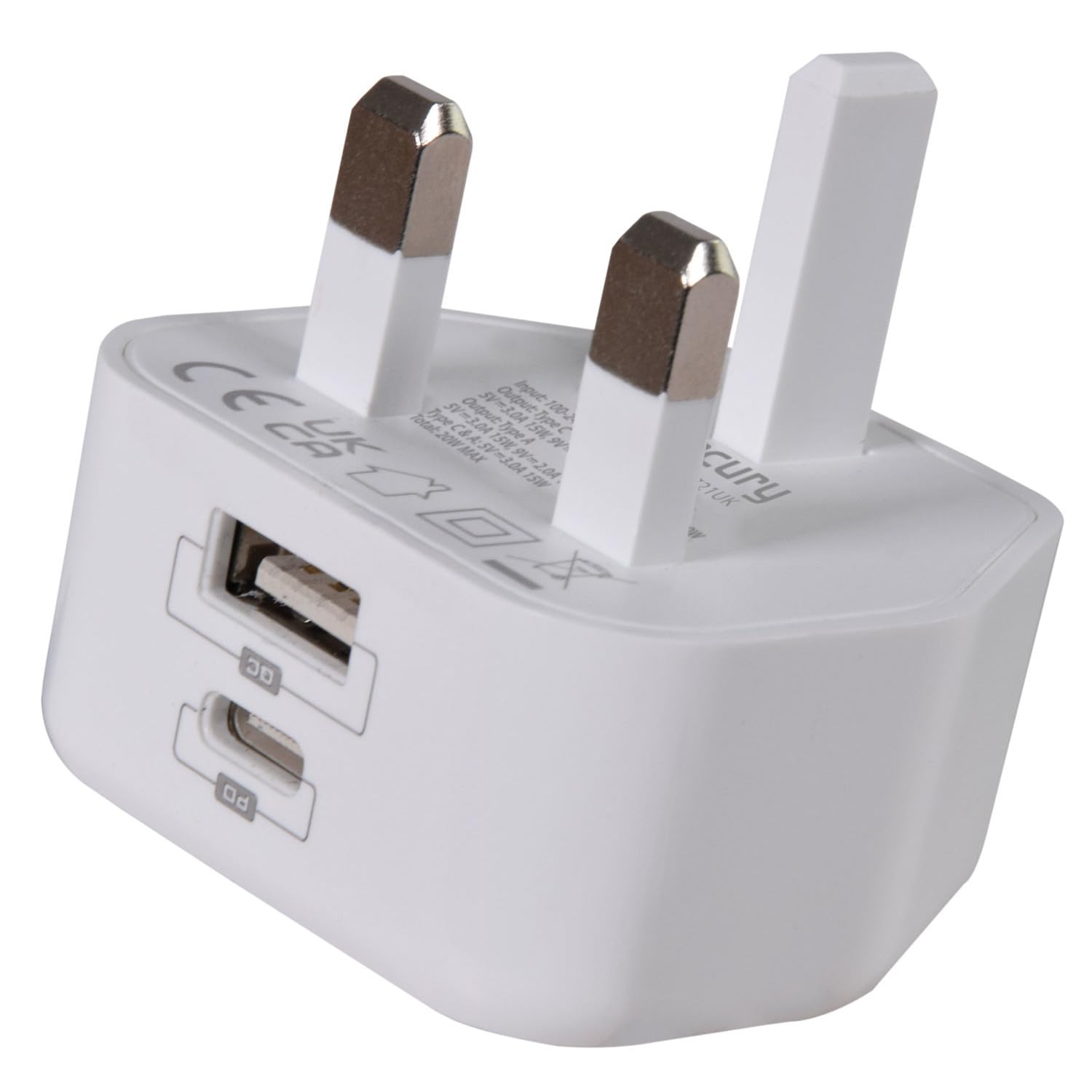 Mercury | 20W USB-C & USB-A 2 Ports Fast Charging plug with PD 3.0 & PPS Technology – Compact, Lightweight, and Universal Charger for iPhone, iPad, and More | White