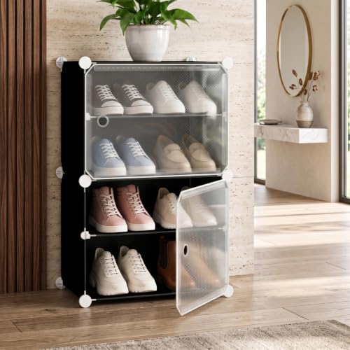 amazon basics DIY Foldable Shoe Rack | 4 Layer Plastic Shoes Rack with Door Cover | Multipurpose Stand for Home & Entryway Black