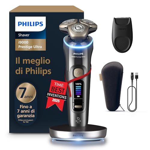 Philips Shaver i9000 Prestige Ultra, rasoio elettrico Wet & Dry, tecnologia Skin IQ Pro, triplo sistema di sollevamento e taglio, lame di precisione NanoTech 360º, 5 modalità di rasatura, XP9402/11