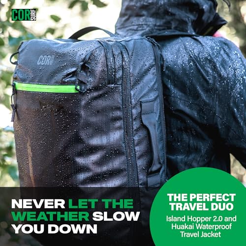 COR Surf Carry On Travel Backpack | Island Hopper 2.0 Ultralight | Airline Approved Personal Item Backpack | 34L Black with Black Zipper Waterproof Edition - FREE S-Clip Included4