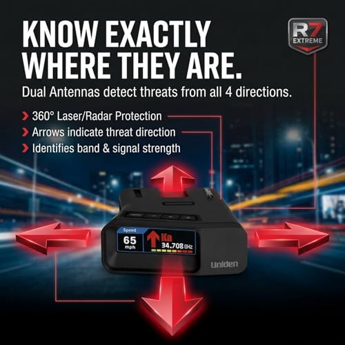 Image of Uniden R7 Extreme Long-Range Laser-Radar Detector, Built-in GPS w / Real-Time Alerts, Dual-Antennas Front & Rear w /Directional Arrows, Voice Alerts, Red Light Camera and Speed Camera Alerts