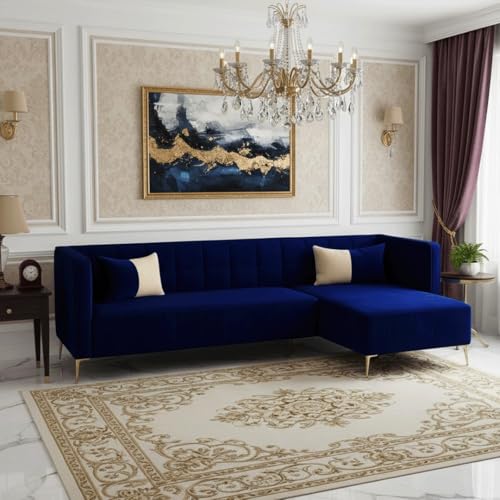 Image of SOCOZI Stylluxe 6 Seater Velvet Fabric RHS L Shape Sofa Set for Living Room |Fabric L Shape Sofa Set for Home & Office (Dark Blue)