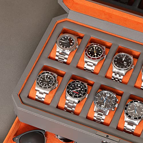Rothwell 12 Slot Leather Watch Box With Valet Drawer - 12 Slot Luxury Watch Case Display Organizer, Microsuede Liner, Mens Accessories Holder, Jewelry Case, Jewelry Display Organizer (Grey/Orange) #TOP5