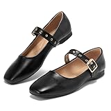 Hingswink Black Velvet Mary Jane Flats - Women's Dressy PU Shoes with Strap, Square Toe, Closed Toe, Buckle, Ballet Flats