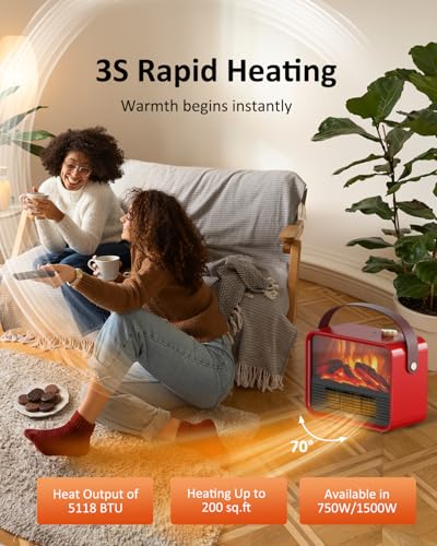 Image of Shinic Portable Electric Fireplace Heater with Realistic 3D Flame, 1500W /750W Fast Heating Mini Fireplace Heater for Indoor Use, Compact with Leather Handle, Safe for Office, Bedroom, RV, Red