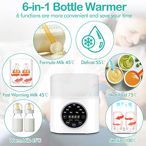 Bottle Warmer, CREPOW Fast Baby Bottle Warmer and Sterilizer Double Bottle 6-in-1 Fast Food Heater Defrost Warmer for Baby Milk Breastmilk Formula with LED Display Thermostat Timer Function