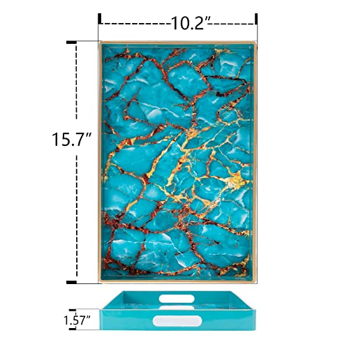 Maoname Blue Decorative Tray, Plastic Serving Tray With Handles, Coffee Table Tray With Tempered Glass Film, Rectangle Ottoman Tray For Living Room, Bathroom, 15.7” X 10.2” #TOP2