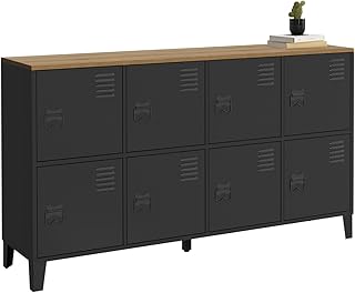 IDMarket - Buffet casier 139 cm Ester 8 Portes en métal Noir Plateau Bois Design Industriel
