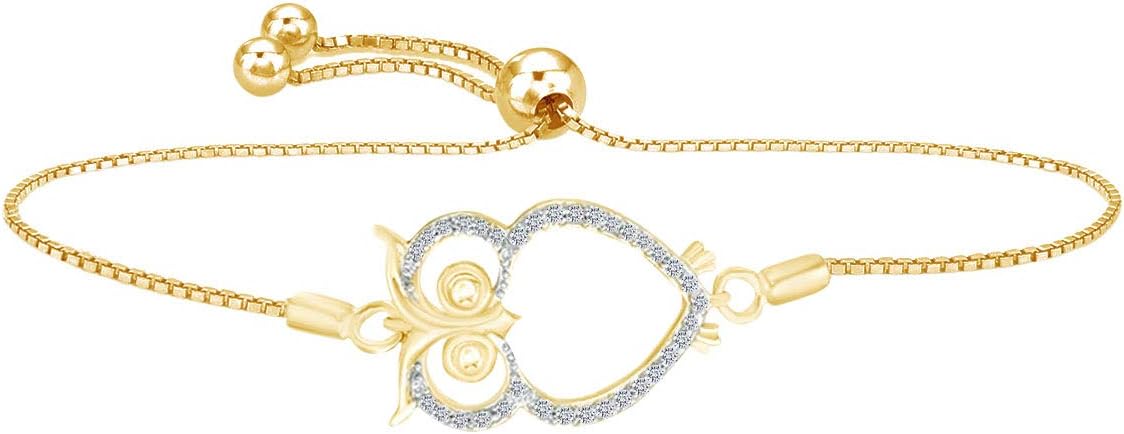 AFFY Round White Natural Diamond Owl Bolo Bracelet in 14k Gold Over Sterling Silver - 8.0" (0.1 cttw)